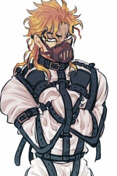 Rule 34 | 1boy, black collar, blonde hair, collar, commentary request, dio brando, highres, jojo no kimyou na bouken, male focus, mismatched eyebrows, mutsuki (mutuki05), muzzle (mask), phantom blood, red eyes, restrained, solo, straitjacket, upper body