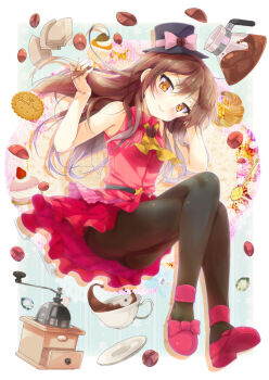 1girl bell blush brown_eyes brown_hair cafe-chan_to_break_time cafe_(cafe-chan_to_break_time) closed_mouth coffee_pot cookie croissant crossed_legs dress female_focus food full_body hand_in_own_hair hands_up hat long_hair looking_at_viewer mini_hat pantyhose pink_dress pink_shoes plate porurin_(do-desho) shoes sidelocks smile solo thighband_pantyhose thighs top_hat tsurime