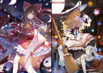 2girls artist_name ascot bad_id bad_twitter_id bare_shoulders black_bow black_footwear black_headwear black_ribbon black_skirt blonde_hair blue_ribbon blurry blurry_background blush book book_on_lap book_stack bookmark bottle bow braid broom brown_eyes brown_hair commentary_request detached_sleeves dutch_angle feet_out_of_frame flask frilled_shirt_collar frills glass gohei hair_bow hair_tubes hakurei_reimu hat hat_bow holding indoors kirisame_marisa light_particles long_hair long_sleeves looking_at_viewer midriff multiple_girls nuudoru open_mouth parted_lips petals petticoat pouch puffy_short_sleeves puffy_sleeves red_bow red_skirt ribbon ribbon-trimmed_collar ribbon-trimmed_sleeves ribbon_trim round-bottom_flask see-through_clothes shide shoes short_sleeves sidelocks single_braid sitting skirt skirt_set socks star_(symbol) star_print thighs torii touhou white_bow white_legwear wide_sleeves window witch_hat wrist_cuffs yellow_ascot yellow_eyes yin_yang