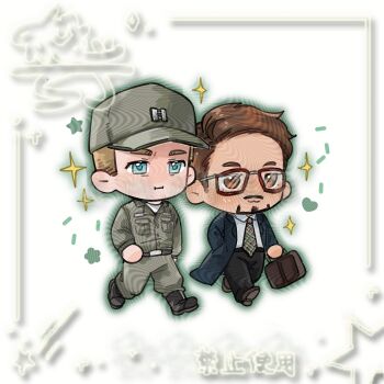 Rule 34 | 2boys, avengers: endgame, avengers (series), baggy pants, belt, black belt, black boots, black pants, black shoes, blonde hair, blue eyes, blue jacket, boots, breast pocket, brown eyes, brown hair, chibi, chibi only, closed mouth, collared shirt, commission, facial hair, formal clothes, full body, glasses, green hat, green jacket, green necktie, green pants, half-closed eyes, hand in pocket, hat, highres, holding, holding suitcase, jacket, lapels, long sleeves, male focus, marvel, marvel, military hat, military jacket, military uniform, multiple boys, necktie, open clothes, open jacket, pants, plaid clothes, plaid necktie, pocket, red-framed eyewear, shajiang144584, shirt, shoes, short hair, simple background, smile, sparkle, steve rogers, suitcase, tony stark, visor cap, walking, watermark, white background, white shirt