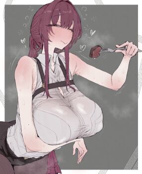 1girl arm_under_breasts armpit_crease armpits bare_shoulders border breasts cleavage_cutout closed_mouth clothing_cutout collared_shirt covered_erect_nipples cowboy_shot food grey_background grey_shirt hair_intakes highres holding honkai:_star_rail honkai_(series) kafka_(honkai:_star_rail) leaning_forward long_hair looking_at_viewer mole ponytail purple_eyes purple_hair sagging_breasts shirt short_shorts shorts sidelocks simple_background smthlewd solo steaming_body sweat white_border