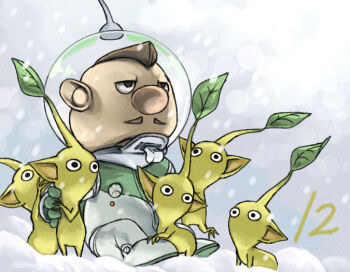 Rule 34 | 1boy, big nose, black eyes, brown hair, buttons, charlie (pikmin), colored skin, commentary request, countdown, dark-skinned male, dark skin, facial hair, full body, gauge, gloves, green gloves, half-closed eyes, hand on another's foot, helmet, hug, leaf, light particles, looking ahead, male focus, mohawk, mustache, naru (wish field), nintendo, no mouth, pikmin (creature), pikmin (series), pikmin 3, pointy ears, radio antenna, short hair, sitting, snow, snowing, space helmet, spacesuit, very short hair, whistle, yellow pikmin, yellow skin