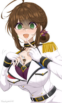 Rule 34 | ahoge, between breasts, black choker, blush, bra, braid, breast pocket, breasts, brown hair, chamumi (mochiumee), choker, cleavage, commentary request, epaulettes, fang, female admiral (kancolle), finger to mouth, folded ponytail, gloves, green eyes, holding, holding id card, id card, jacket, jewelry, kantai collection, large breasts, looking at viewer, military uniform, mole, mole on breast, mole under mouth, necklace, open mouth, pocket, sidelocks, skin fang, underwear, white jacket