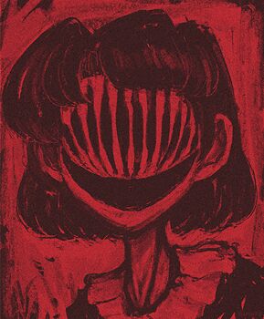 1girl body_horror commentary crazy_smile english_commentary gestart333 horror_(theme) lowres medium_hair monochrome no_eyes original red_theme smile solo upper_body