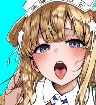 1girl aqua_background commentary_request double_bun fletcher_(kancolle) fletcher_kai_(kancolle) folded_hair hair_bun hair_ornament hairband kantai_collection kokutou_(goto123kokutoh) metal_hairband open_mouth round_teeth simple_background solo star_(symbol) star_hair_ornament teeth tongue tongue_out unfinished upper_body upper_teeth_only