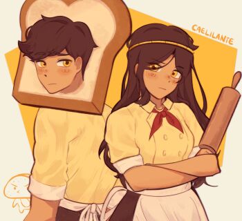 1boy 1girl apron artist_name biscuit_(omori) black_hair blush bread bread_slice brother_and_sister brown_hair caelilante closed_mouth collared_shirt dark-skinned_female dark-skinned_male dark_skin doughie_(omori) food highres holding_rolling_pin long_hair looking_at_viewer neckerchief omori red_neckerchief rolling_pin shirt short_hair short_sleeves siblings sourdough_(omori) white_apron