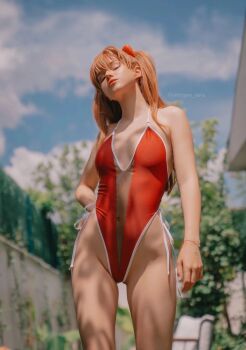 1girl bare_legs bare_shoulders breasts cleavage closed_eyes cosplay covered_navel cowboy_shot curvy gluteal_fold hand_on_own_hip highleg highleg_one-piece_swimsuit highres lips long_hair medium_breasts neon_genesis_evangelion one-piece_swimsuit orange_hair outdoors photo_(medium) pony real_life red_one-piece_swimsuit shirogane-sama sky souryuu_asuka_langley souryuu_asuka_langley_(cosplay) summer sunlight swimsuit tree twintails two_side_up very_long_hair wide_hips wig
