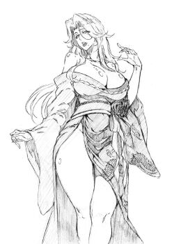 1girl bare_shoulders bleach breasts cleavage collarbone japanese_clothes kimono kubo_tite_(style) large_breasts long_hair matsumoto_rangiku mole mole_under_mouth rakusakugk solo