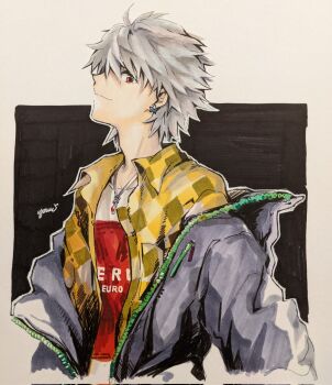 Rule 34 | 1boy, closed mouth, collared shirt, corrupted twitter file, cropped torso, earrings, grey hair, highres, jacket, jewelry, looking at viewer, male focus, nagisa kaworu, necklace, neon genesis evangelion, off shoulder, open clothes, open jacket, red eyes, shirt, short hair, solo, undershirt, upper body, yorumi1117