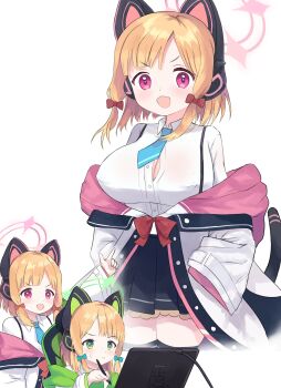 Rule 34 | 2girls, :&lt;, :d, absurdres, alternate breast size (larger), animal ear headphones, animal ears, arm up, behind another, black skirt, black thighhighs, blonde hair, blue archive, blue necktie, blush, bow, breasts, button gap, cable, cat ear headphones, cat ears, cat tail, chair, cleavage, closed mouth, coat, collared shirt, covered erect nipples, drawing (action), drawing tablet, fake animal ears, fake tail, green bow, green eyes, green halo, hair bow, halo, hand up, hands in pocket, headphones, highres, holding, holding stylus, large breasts, long sleeves, looking ahead, looking at viewer, low-tied sidelocks, midori (blue archive), miniskirt, momoi (blue archive), multiple girls, necktie, no bra, off shoulder, on chair, open clothes, open coat, open mouth, oppai loli, pink bow, pink eyes, pink halo, pleated skirt, pointing, projected inset, raised eyebrows, red bow, shirt, short hair, siblings, sidelocks, simple background, sisters, sitting, skirt, smile, smug, standing, stylus, sweatdrop, swept bangs, tail, tail raised, thighhighs, twins, two-sided coat, two-sided fabric, v-shaped eyebrows, watarurikka, white background, white coat, white shirt, wing collar, zettai ryouiki