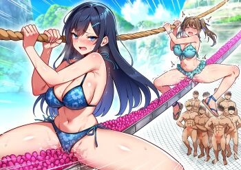2girls 6+boys amamiya_chihiro bikini black_hair blue_bikini blue_eyes blush breasts brown_hair cameltoe censored crowd female_orgasm floral_print floral_print_bikini frilled_bikini frills hair_ornament hairclip hechima_koubou highres large_breasts long_hair mesu_game_~tsukamareba_soku_nakadashi!_100_hyaku_oku-en_to_chijoku_o_kaketa_survival~ mosaic_censoring mountainous_horizon multiple_boys multiple_girls nature nude orgasm outdoors penis print_bikini pussy_juice rope_walking running shiny_skin side-tie_bikini_bottom struggling sweat swimsuit twintails waiting