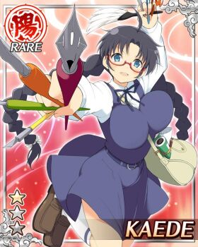 1girl ahoge art_supplies bag belt black_hair blue_dress blue_eyes border braid braided_twintails breasts card_(medium) cleavage dress english_text game_cg holding holding_pen jumping kaede_(senran_kagura) large_breasts long_hair long_sleeves low_twintails non-web_source official_alternate_costume official_art open_mouth paper pen red-framed_eyewear senran_kagura senran_kagura_new_wave shirt shoulder_bag smile socks solo twintails white_shirt white_socks