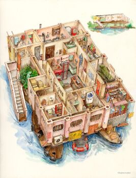 artist_name bed boat bookshelf building bunk_bed clothes_rack computer dollhouse_view door frying_pan highres kitchen kitchen_knife knife ladder monitor original stairs tsuboi_hajime water watercraft window workshop