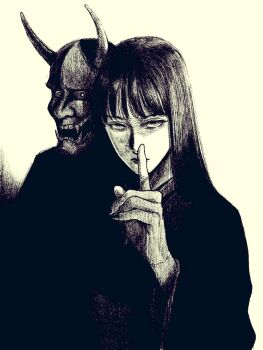 1girl black_hair finger_to_mouth greyscale highres hime_cut index_finger_raised long_hair looking_at_viewer mask monochrome oni_mask original tp_p_pt white_background