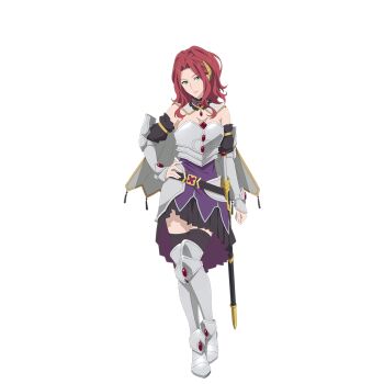 1girl armor armored_boots artist_request bare_shoulders black_choker black_skirt black_sleeves black_thighhighs boots bracer breasts cape choker cleavage closed_mouth couter detached_sleeves dress frilled_choker frills full_body game_cg gem gold_armband gold_trim greaves green_eyes looking_at_viewer malty_s_melromarc medium_breasts medium_hair miniskirt official_art pleated_skirt poleyn purple_choker purple_dress red_gemstone red_hair sabaton scabbard sheath sheathed short_cape sidelocks simple_background skirt skirt_under_dress sleeveless sleeveless_dress smile solo standing strapless strapless_dress sword tachi-e tate_no_yuusha_no_nariagari tate_no_yuusha_no_nariagari_rerise thighhighs transparent_background two-tone_choker v-shaped_eyebrows vambraces weapon white_cape zettai_ryouiki