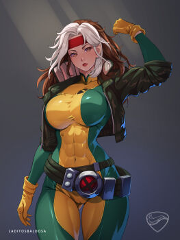 Rule 34 | 1girl, abs, arm up, artist logo, artist name, belt, bilingual commentary, bodysuit, breasts, brown belt, brown eyes, brown hair, brown jacket, cameltoe, clenched hand, colored bangs, commentary, covered abs, covered navel, cowboy shot, cropped jacket, english commentary, gloves, gluteal fold, green bodysuit, grey background, headband, high collar, highres, jacket, laditos baldosa, large breasts, leather, leather jacket, lipstick, logo, long hair, long sleeves, looking at viewer, loose belt, makeup, marvel, mixed-language commentary, multicolored bodysuit, multicolored hair, muscular, muscular female, parted lips, red headband, red lips, rogue (x-men), simple background, skin tight, solo, spanish commentary, standing, straight-on, superhero costume, thigh gap, thighs, two-tone bodysuit, two-tone hair, variant set available, white hair, x-men, yellow bodysuit, yellow gloves, zipper, zipper pull tab