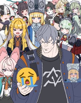 >_< 1boy 6+girls :o ahoge animal_ear_fluff animal_ear_hairband animal_ears aria_(robot)_(zenless_zone_zero) aria_(zenless_zone_zero) bag bare_shoulders bell black_dress black_hair black_sclera black_shirt blonde_hair blue_jacket blush bow bowtie braid breasts bright_pupils carrot cat_ear_hairband cat_ears china_dress chinese_clothes closed_eyes closed_mouth colored_inner_hair colored_sclera corin_wickes crop_top crying_emoji cunny_(meme) detached_sleeves dialyn_(zenless_zone_zero) dress earrings emoji fake_animal_ears food furry furry_female ghost_hair_ornament gloves goggles goggles_around_neck green_eyes green_hair grey_hair hair_between_eyes hair_bow hair_bun hair_ornament hairband hand_up hat highres holding holding_food holding_phone humanoid_robot jacket jewelry ju_fufu large_hat long_hair looking_at_viewer maid maid_headdress meme multicolored_hair multiple_girls nangong_yu navel neck_bell necktie norma_hollowell official_alternate_costume open_mouth phone pink_fur pink_hair piper_wheel purple_eyes rabbit_ears rabbit_girl red_bag red_bow red_bowtie red_eyes red_necktie robot robot_girl romel_2005 screw_hair_ornament shako_cap shirt short_hair simple_background small_breasts smile smug split-color_hair striped_fur striped_hair sunna_(afternoon_tea_break)_(zenless_zone_zero) sunna_(zenless_zone_zero) sweatdrop tiger_ears tiger_girl tiger_stripes twintails twitter_username uohhhhhhhhh!_(meme) viltrumite_group_shot_(meme) watermark white_background white_hair white_pupils wise_(zenless_zone_zero) yellow_eyes yellow_gloves yellow_necktie zenless_zone_zero zhao_(zenless_zone_zero)