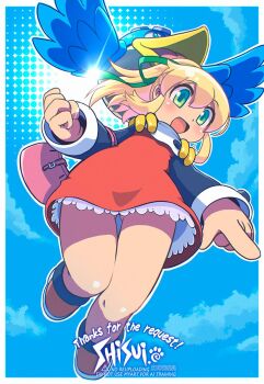 Rule 34 | 1girl, :d, beat (mega man), blonde hair, blue sky, blush, border, carrying, carrying person, cloud, commentary, commission, day, dot nose, dress, english text, flying, from below, gluteal fold, green hair, green ribbon, highres, index finger raised, knees together feet apart, long hair, long sleeves, mega man (classic), mega man (series), open mouth, outdoors, outside border, pink bag, pointing, ponytail, red dress, ribbon, roll (mega man), shisui, short dress, sidelocks, skeb commission, sky, smile, solo, sun, white border