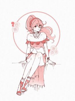 1girl bracelet closed_mouth collarbone commentary_request cran_adonis gladiator_sandals hairband highres jewelry light_smile long_hair looking_at_viewer monochrome multiple_bracelets navel necklace octopath_traveler octopath_traveler_i pink_hair primrose_azelhart red_hairband sandals sitting solo white_background