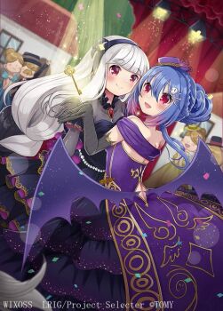 2girls alfou_(wixoss) black_dress black_gloves blue_hair closed_mouth demon_girl demon_wings dress elbow_gloves frilled_dress frills gloves hair_bun hair_ornament hairpin kei_s01 looking_at_viewer multiple_girls official_art open_mouth purple_dress red_eyes smile soyuragi_(wixoss) white_hair wings wixoss