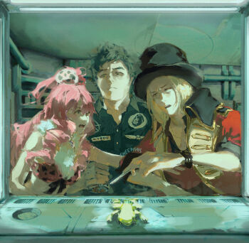 1girl 2boys black_hair black_hat blonde_hair blue_shirt closed_mouth collared_shirt dead_animal dio_(kyokugen_dasshutsu) frog hat highres holding holding_scalpel indoors jacket kyokugen_dasshutsu kyokugen_dasshutsu_adv:_zennin_shibou_desu long_hair multiple_boys open_mouth painterly pink_hair red_jacket scalpel sheepishs shirt short_hair short_sleeves sigma_(kyokugen_dasshutsu) teeth top_hat upper_teeth_only watch wristwatch yotsuba_(kyokugen_dasshutsu)