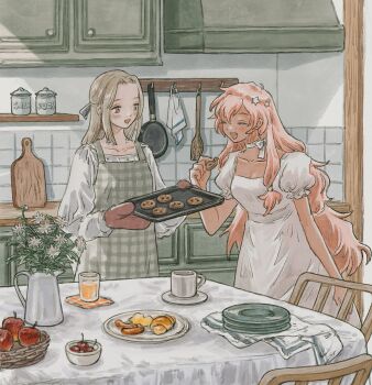 2girls apple apron baking_sheet blonde_hair blouse blush bow bow_choker breasts brown_eyes chair cherry choker closed_mouth coaster coffee_mug collarbone commentary cookie cup curtained_hair cutting_board eokaku_surimi flower food fruit frying_pan gingham gingham_apron green_apron hair_bow hair_ornament half_updo highres holding holding_cookie holding_food indoors kitchen long_hair long_sleeves looking_at_another medium_breasts mug multiple_girls open_mouth original oven_mitts pink_hair pitcher_(container) plate puffy_short_sleeves puffy_sleeves sausage shirt short_sleeves slice_of_life spatula standing star_(symbol) star_hair_ornament table tablecloth teeth tile_wall tiles upper_teeth_only very_long_hair white_choker white_shirt wicker_basket