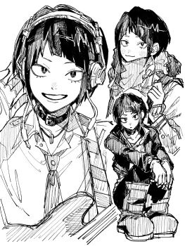 Rule 34 | 1girl, absurdres, animal costume, black choker, black jacket, blush, boku no hero academia, boots, choker, closed mouth, collared shirt, commentary, diagonal bangs, earphones, greyscale, headphones, highres, jacket, jiro kyoka, kome uo, looking at viewer, monochrome, multiple views, necktie, parted lips, shirt, sketch, smile, squatting, symbol-only commentary, teeth, upper body, white background