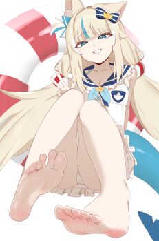 Rule 34 | 1girl, absurdres, animal ears, barefoot, blonde hair, blue eyes, feet, fins, fish tail, highres, indie virtual youtuber, long hair, looking at viewer, parted lips, sameko saba, shark tail, soles, someartbyrin, tail, toes, v, virtual youtuber