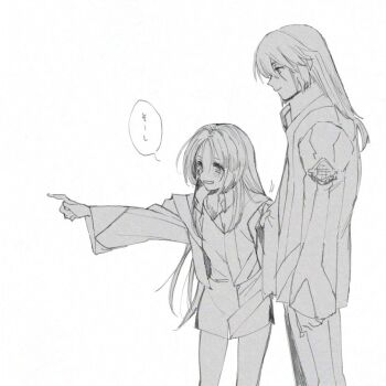 1boy 1girl alvis_uniform brother_and_sister cropped_jacket dress greyscale height_difference long_hair michi_naka minashiro_soushi minashiro_tsubaki monochrome pants pointing scar scar_across_eye scar_on_face siblings simple_background sketch smile soukyuu_no_fafner speech_bubble white_background