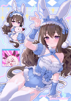 &gt;_&lt; 2girls absurdres admire_vega_(umamusume) animal_ears arm_warmers bare_shoulders blue_bow blue_headdress blue_leotard blush bow breasts brown_hair closed_eyes closed_mouth curren_chan_(umamusume) ear_bow ear_covers ear_wiggle fishnet_pantyhose fishnets frilled_headdress frilled_headwear frills fur_collar grey_hair hair_between_eyes highres horse_ears horse_girl horse_tail hug leotard long_hair looking_at_viewer maid_headdress medium_breasts multiple_girls open_mouth pantyhose peteron purple_eyes red_bow short_hair smile tail thighhighs umamusume white_thighhighs