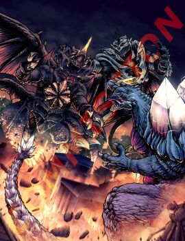 alien armor artist_name bat_wings battle carapace claws creature crystal destoroyah destruction dragon fangs fire giant giant_monster glowing glowing_eyes glowing_spikes godzilla:_final_wars godzilla_(series) godzilla_vs._destoroyah godzilla_vs._spacegodzilla head_wings highres horns kaiju mandibles mini_wings monster monster_x multiple_wings no_humans open_mouth oversized_wings red_eyes scales sharp_teeth single_horn space_monster spacegodzilla spiked_wings spikes spines tail teeth thomdotartz toho wings yellow_eyes