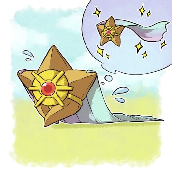 cape commentary_request gem gen_1_pokemon highres holding nintendo no_eyes no_humans pokemon pokemon_(creature) pokemon_focus red_gemstone running sparkle speech_bubble star_(symbol) starfish staryu sweat thought_bubble tori_(torisan_pokemon)