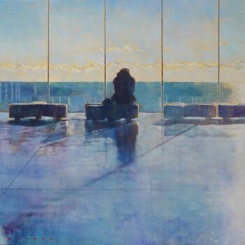 1girl cloud cloudy_sky commentary_request couch day highres indoors kazuho_iwamoto morning oil_painting_(medium) on_couch original painting_(medium) shadow sitting sky solo traditional_media water window window_shadow