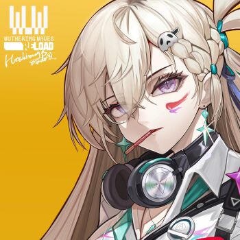 1girl absurdres blonde_hair braid braided_bangs chinese_commentary commentary_request earrings food food_in_mouth hair_between_eyes hair_ornament headphones headphones_around_neck highres jewelry long_hair looking_at_viewer lynae_(wuthering_waves) necklace paint pocky pocky_in_mouth portrait purple_eyes shirt signature skull_hair_ornament solo star_(symbol) star_earrings white_shirt wuthering_waves xinggong_shili yellow_background