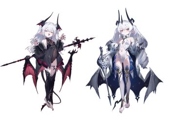 2girls absurdres artist_request bare_shoulders barefoot breasts dragon_girl dragon_horns dragon_tail drill_hair elbow_gloves fang fingernails fur_trim gloves highres holding holding_weapon horns leotard long_hair lunethis multiple_girls nail_polish navel nyxara orange_eyes pointy_ears purple_eyes sharp_fingernails sharp_toenails small_breasts spot_zero tail thighhighs toenails v weapon white_background white_hair