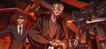 3boys arm_at_side artist_request backlighting bald black_hair black_jacket black_necktie blurry blurry_background bodyguard brown_kimono burai_(code_geass) buttons closed_mouth code_geass code_geass:_lost_stories collared_shirt formal_clothes furrowed_brow game_cg gun handgun hands_on_hilt haori happy highres holding holding_gun holding_weapon indoors jacket japanese_clothes kimono kirihara_taizou long_sleeves looking_afar male_focus mecha multiple_boys necktie non-web_source official_art old old_man open_mouth orange_eyes own_hands_together red_background revolver robot shirt short_hair smile solo_focus suit sunglasses teeth trigger_discipline two-handed underlighting upper_body v-shaped_eyebrows weapon white_shirt wrinkled_skin