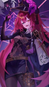 1girl absurdres ashiro28 belt black_bodysuit black_gloves black_hat black_pantyhose blue_eyes bodysuit cape chaos_zero_nightmare claws covered_navel dragon_horns fur_cape gloves gold_belt gold_trim hair_between_eyes hat heterochromia highres horns long_pointy_ears open_mouth pantyhose pointy_ears priscilla_(chaos_zero_nightmare) purple_cape red_hair silk sitting spider_web yellow_eyes