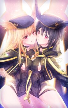 2girls beret black_choker black_hair black_hat black_jacket black_one-piece_swimsuit blonde_hair breast_press breasts bright_pupils choker cleavage_cutout clothing_cutout commentary_request covered_navel cowboy_shot fate/grand_order fate_(series) hair_between_eyes hat head_wings highleg highleg_one-piece_swimsuit highres hood hood_down hooded_jacket ittokyu jacket long_hair looking_at_viewer multiple_girls one-piece_swimsuit open_clothes open_jacket ortlinde_(fate) ortlinde_(swimsuit_assassin)_(fate) parted_lips partial_commentary red_eyes short_hair sidelocks signature simple_background smile swimsuit thrud_(fate) thrud_(swimsuit_assassin)_(fate) valkyrie_(fate) wings