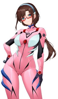 Rule 34 | 1girl, absurdres, aemilo, arm at side, black gloves, blue eyes, bodysuit, breasts, brown hair, closed mouth, commentary, contrapposto, covered collarbone, cowboy shot, dated commentary, glasses, gloves, gluteal fold, hair between eyes, hand on own hip, highres, interface headset (evangelion), long hair, looking at viewer, low ponytail, makinami mari illustrious, mecha pilot suit, medium breasts, neon genesis evangelion, pink bodysuit, plugsuit (evangelion), ponytail, rebuild of evangelion, red-framed eyewear, semi-rimless eyewear, simple background, smile, solo, standing, symbol-only commentary, transparent background, under-rim eyewear
