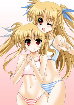 Rule 34 | 2girls, alicia testarossa, blonde hair, camisole, fate testarossa, highres, long hair, lyrical nanoha, multiple girls, oda ken'ichi, panties, red eyes, siblings, sisters, striped clothes, striped panties, two side up, underwear, underwear only