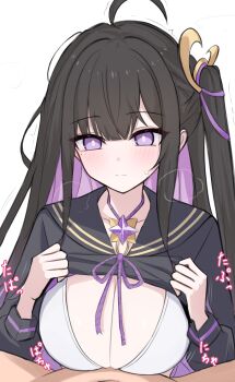1boy 1girl absurdres acht_ao ahoge black_hair black_sailor_collar black_shirt blush bra breasts chitose_(stella_sora) closed_mouth collarbone colored_inner_hair heavy_breathing highres implied_paizuri jewelry large_breasts looking_at_viewer multicolored_hair necklace pov purple_eyes purple_hair sailor_collar shirt sidelocks stella_sora underwear white_bra