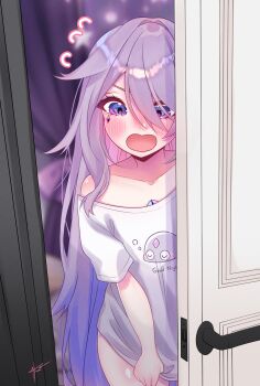 1girl absurdres bare_shoulders blush chest_jewel commentary embarrassed english_commentary gem grey_hair hair_over_one_eye highres hololive hololive_english hoshiiii_art jewel_under_eye koseki_bijou long_hair looking_at_viewer open_mouth opening_door oversized_clothes oversized_shirt pebble_(koseki_bijou) purple_eyes purple_gem purple_hair shirt solo t-shirt very_long_hair virtual_youtuber