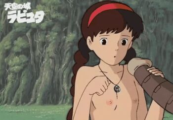 1girl animated animated_gif braid brown_hair erection flat_chest hair_ornament hairband handjob jewelry loli long_hair necklace nude bad_tag outdoors parody penis ponytail red_hairband sheeta solo_focus studio_ghibli style_parody tenkuu_no_shiro_laputa twin_braids uncensored upper_body w.t.dinner
