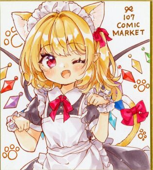 1girl ;d alternate_costume animal_ears apron black_dress blonde_hair bow cat_ears cat_tail comiket_107 commentary_request dress enmaided fangs flandre_scarlet kemonomimi_mode long_hair looking_at_viewer maid maid_headdress marker_(medium) mimi_(mimi_puru) one_eye_closed open_mouth paw_pose puffy_short_sleeves puffy_sleeves red_bow red_eyes shikishi short_sleeves smile solo tail tail_bow tail_ornament touhou traditional_media upper_body white_apron wrist_cuffs