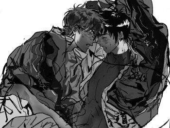 Rule 34 | 2boys, ace of diamond, arms up, blush, chinese commentary, closed eyes, commentary request, compression shirt, demon tail, eyes visible through eyewear, from side, glasses, greyscale, highres, imminent kiss, jacket, male focus, miyuki kazuya, monochrome, multiple boys, nian rt, open mouth, rectangular eyewear, sawamura eijun, short hair, simple background, tail, white background, yaoi