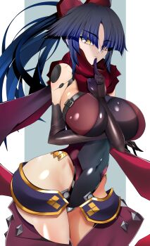 1girl absurdres black_hair blush breasts commentary_request fate/grand_order fate_(series) heart highres joints katou_danzou_(fate) kuji-in large_breasts long_hair looking_at_viewer mechanical_arms ponytail red_scarf robot_joints scarf solo yahoo0124 yellow_eyes