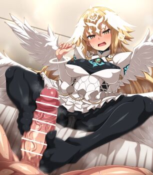 Rule 34 | 1boy, 1girl, absurdres, azatychan, bar censor, bed, black dress, blush, bracelet, breasts, censored, commentary request, covered erect nipples, dress, erection, fate/grand order, fate (series), feathered wings, footjob, headpiece, hetero, highres, jeanne d'arc (fate), jewelry, juliet sleeves, long hair, long sleeves, medium breasts, metatron jeanne (fate), metatron jeanne (third ascension) (fate), multiple wings, open mouth, penis, puffy sleeves, sitting, spread legs, two-tone dress, white dress, wings