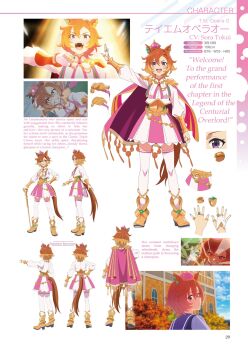 1girl animal_ears arm_up armor blush bracelet breasts cape character_profile closed_mouth colored_skin crown dot_nose ear_piercing english_text female_focus fingerless_gloves from_behind from_side full_body gem gloves glowing glowing_eyes gold_bracelet gold_shoes green_gemstone hand_on_own_hip highres horse_ears horse_girl horse_tail japanese_text jewelry kneehighs layered_skirt long_sleeves looking_at_viewer looking_back medium_breasts miniskirt multicolored_hair multicolored_skin official_art open_mouth orange_hair orange_tail piercing pink_cape pink_crown pink_skirt puffy_long_sleeves puffy_sleeves purple_eyes purple_sailor_collar purple_serafuku red_eyes reference_sheet ring sailor_collar school_uniform serafuku shirt shoes short_hair simple_background skirt smile socks solo solo_focus t.m._opera_o_(o_sole_suo!)_(umamusume) t.m._opera_o_(umamusume) tail teeth thighhighs tongue tracen_school_uniform translation_request two-tone_hair two-tone_skirt umamusume umamusume:_road_to_the_top white_background white_gloves white_shirt white_skirt white_thighhighs zettai_ryouiki