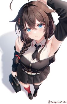 1girl absurdres ahoge arm_behind_head arm_up armpits asymmetrical_legwear belt black_dress black_necktie black_shoes black_thighhighs blue_eyes braid breasts brown_hair commentary_request detached_sleeves dress from_above hair_between_eyes hair_flaps highres kantai_collection loafers looking_at_viewer medium_breasts necktie official_alternate_costume red_socks shigure_(kancolle) shigure_(yokosuka)_(kancolle) shigure_kai_san_(kancolle) shoes single_braid single_sock single_thighhigh smile socks solo thighhighs uneven_legwear white_belt zangetsu_yuki_yuki