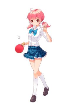1girl ball blue_bow blue_bowtie blue_skirt bow bowtie brown_shoes full_body girlfriend_(kari) higashino_azusa loafers miniskirt official_art paddle pink_hair plaid_clothes plaid_skirt pleated_skirt qp:flapper red_eyes school_uniform shirt shoes simple_background skirt socks solo table_tennis table_tennis_ball table_tennis_paddle thighs transparent_background white_shirt white_socks